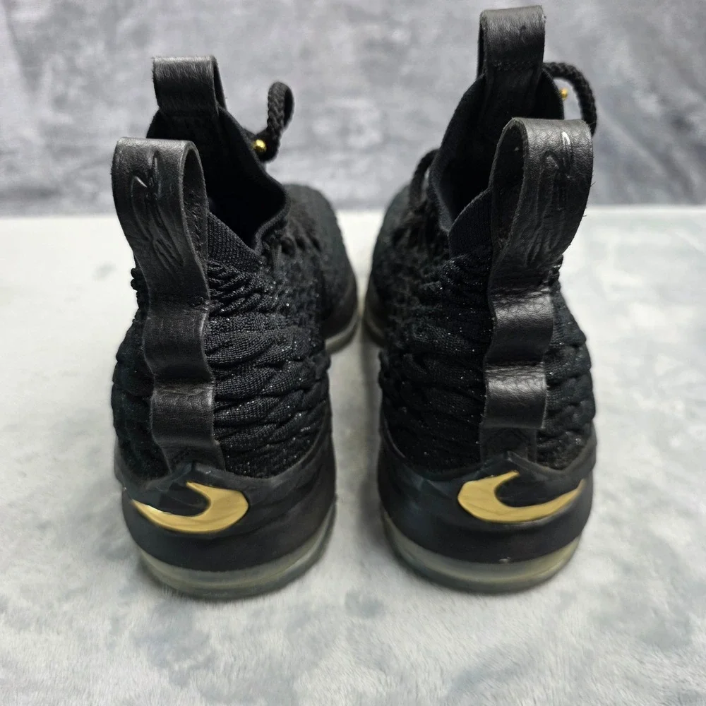 Nike LeBron 15‎ 6Y Black Gold Boys Basketball Shoes BattleKnit High Top Sneaker